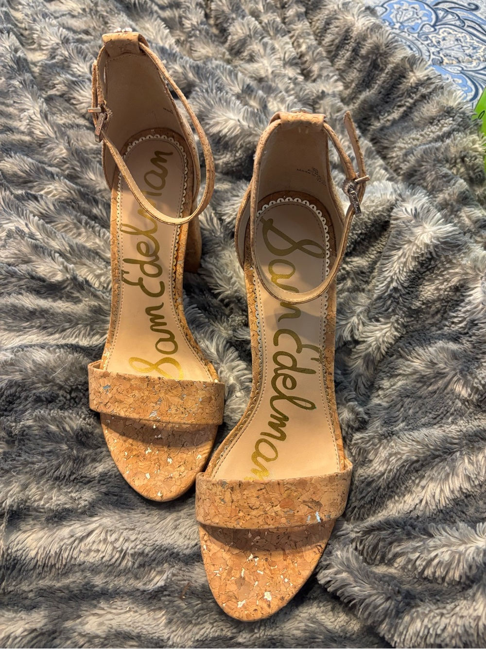 Sam Edelman Cork Ankle-Strap Heels in Tan with Metallic Flecks